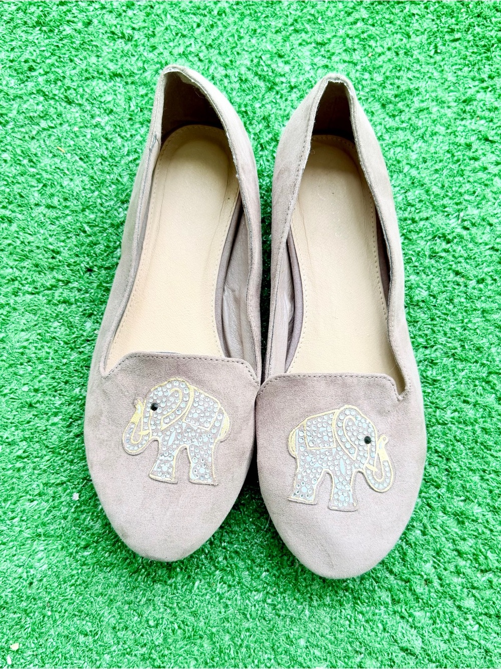 Taupe Suede Rhinestone Elephant Loafer Flats Bohemian Minimalist Women's US 7